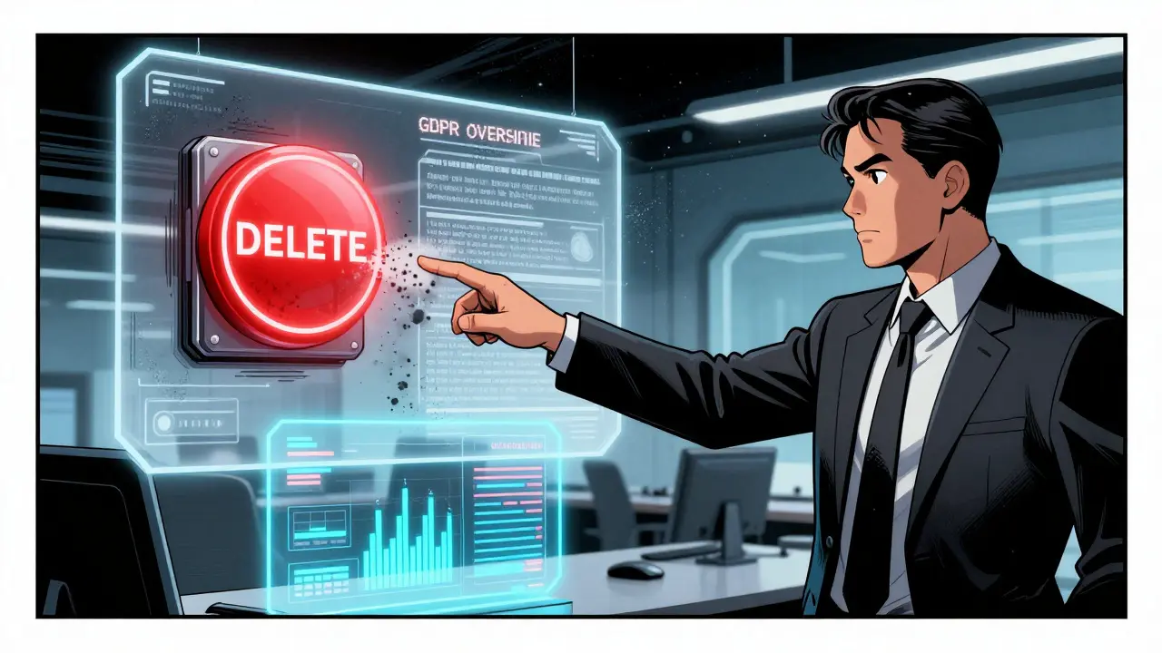 A CEO deleting data with a GDPR override button while a blockchain ledger remains intact in the background.
