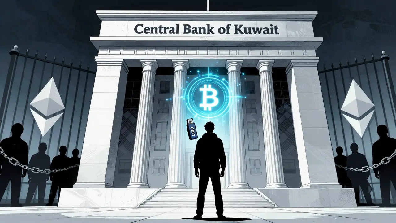 A citizen holds a Bitcoin USB drive as a state digital currency glows above a central bank building.