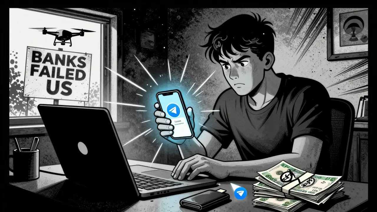 A coder in Abuja receives crypto payment via Telegram, surrounded by worthless naira notes and a VPN app glowing on screen.