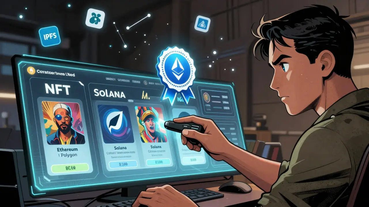 A creator manages NFT trades across blockchains using one wallet, with security seals and decentralized storage icons glowing in the background.