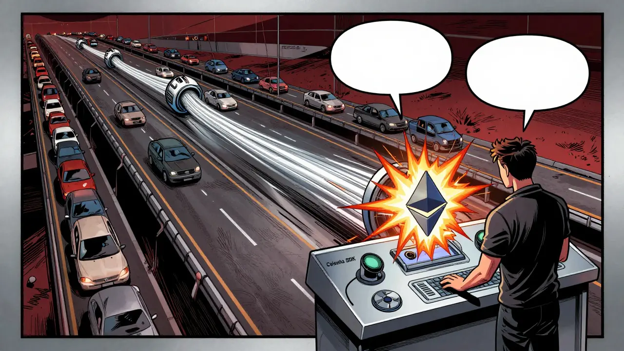 A developer activating a custom rollup that flows into a modular data highway, while older blockchains clog behind.