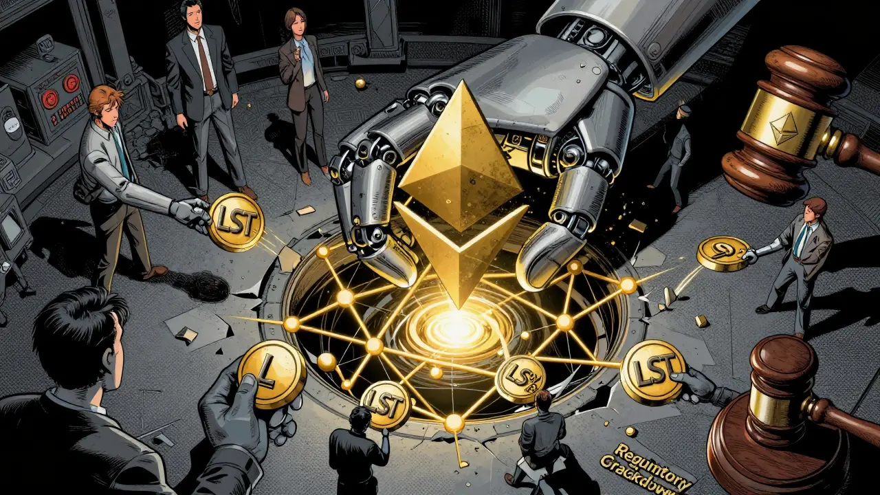 A giant robotic hand representing Lido controls the Ethereum network under regulatory threat.