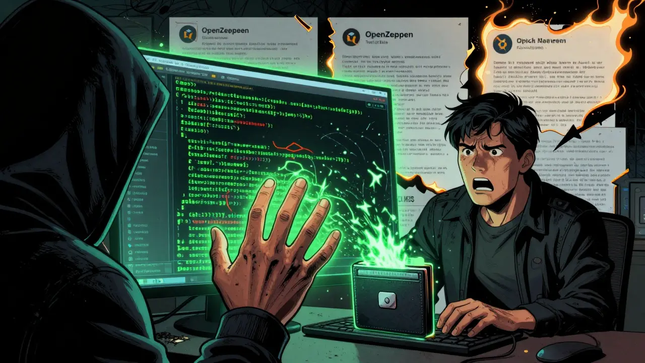 A hacker exploiting smart contract code as a user watches their ETH disappear.