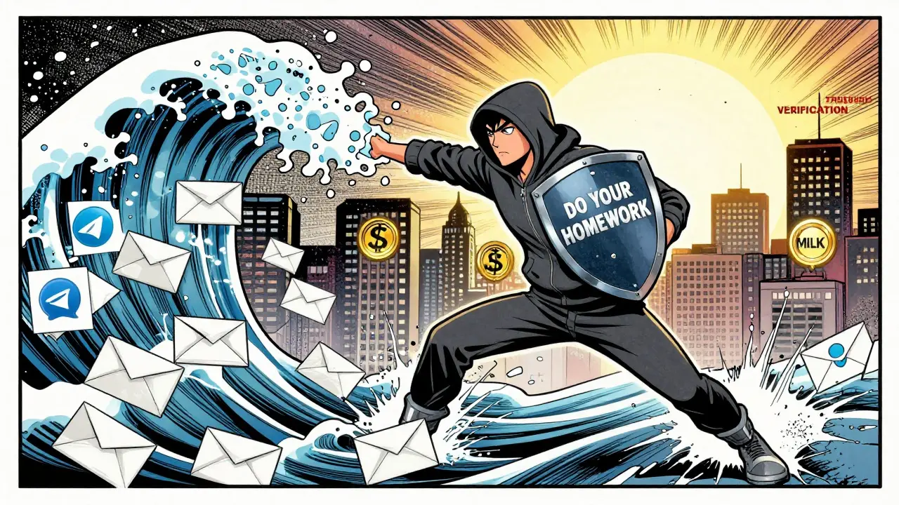 A hero blocking fake airdrop waves with a shield labeled 'DO YOUR HOMEWORK'.