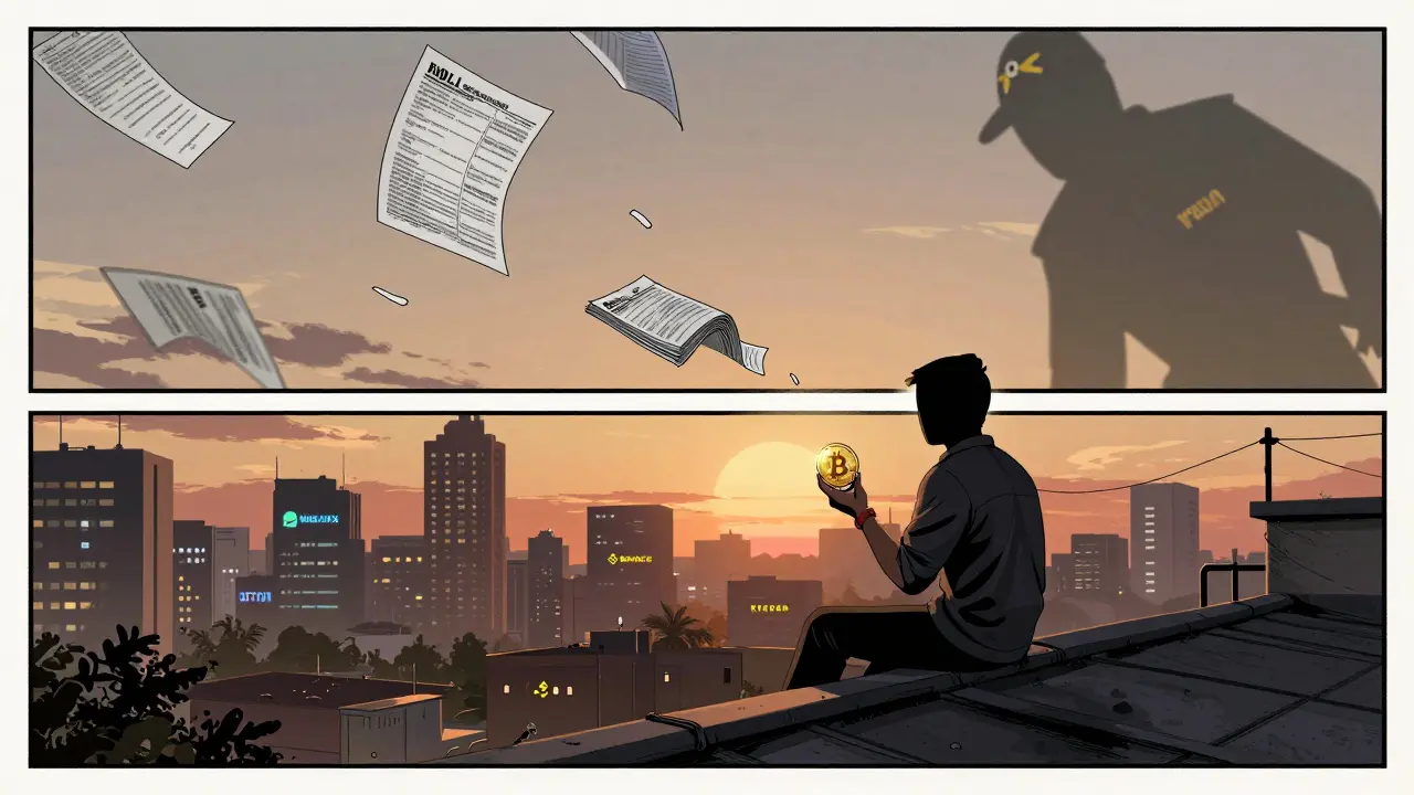 A HODLer sits on a rooftop, ignoring tax forms as a shadowy tax collector looms over Mumbai.