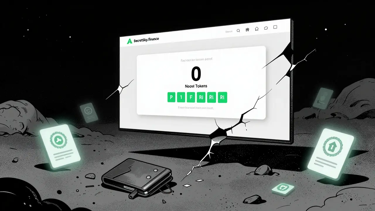 A hollow SecretSky.finance website floats in void, displaying zero tokens and a countdown to a rug pull, with abandoned wallet below.