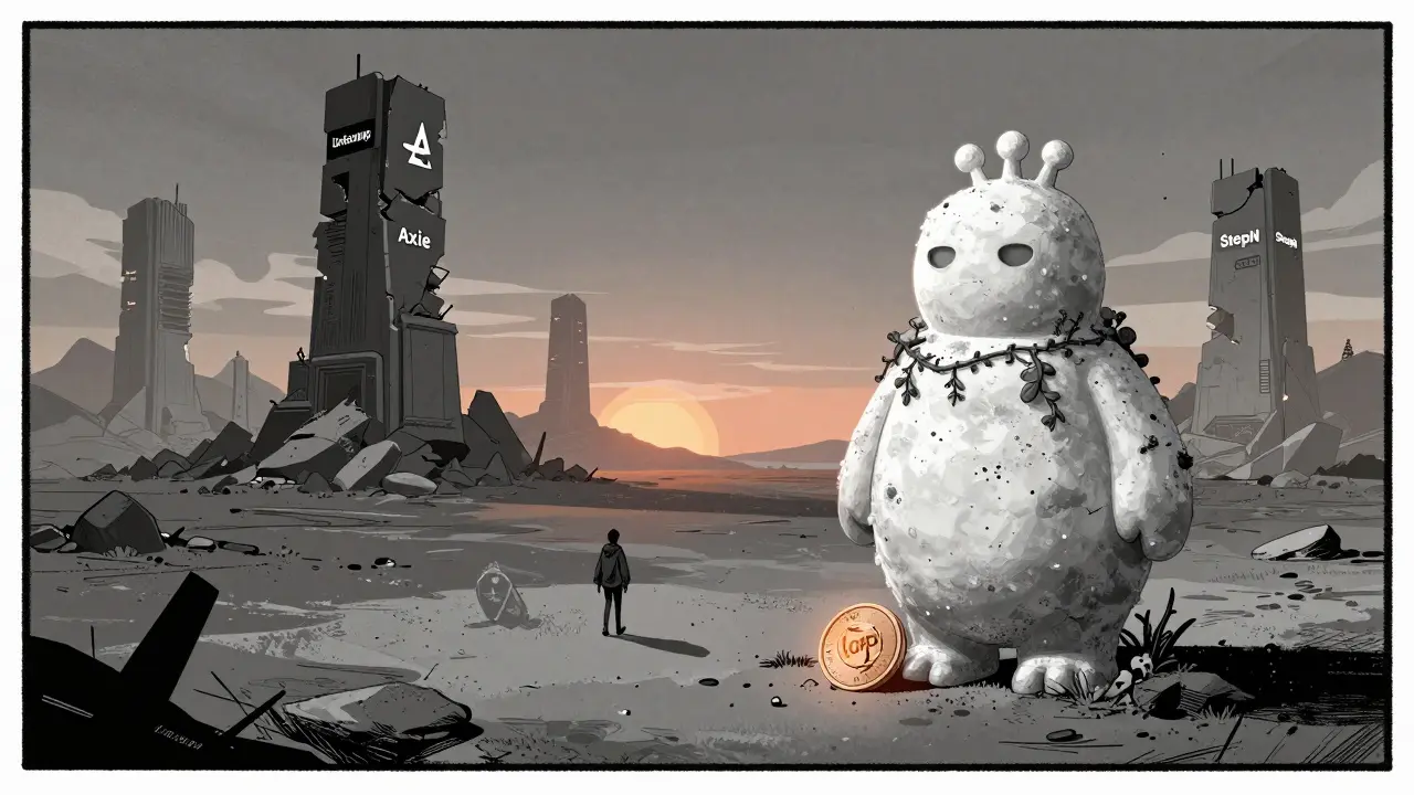 A lonely LOFI snow monster statue in a digital wasteland, with a tiny figure walking away as the token lies broken at its feet.