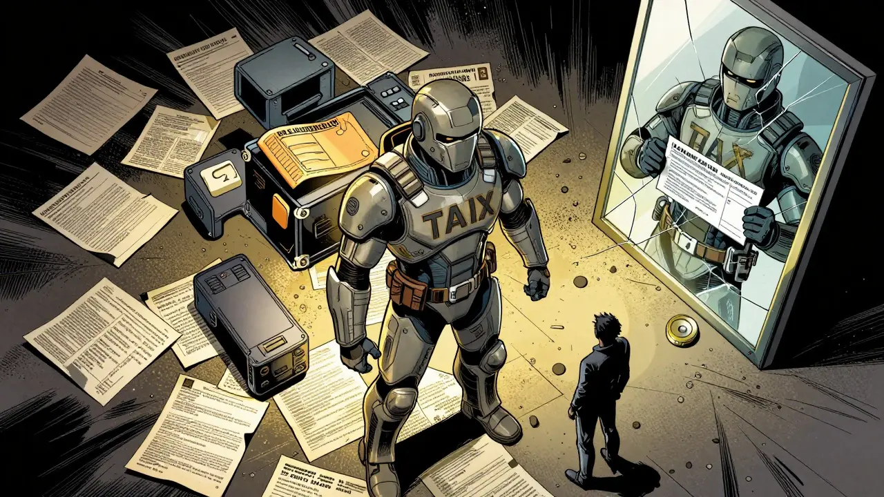 A person assembling tax compliance armor from digital records amid a storm of lost crypto transactions.