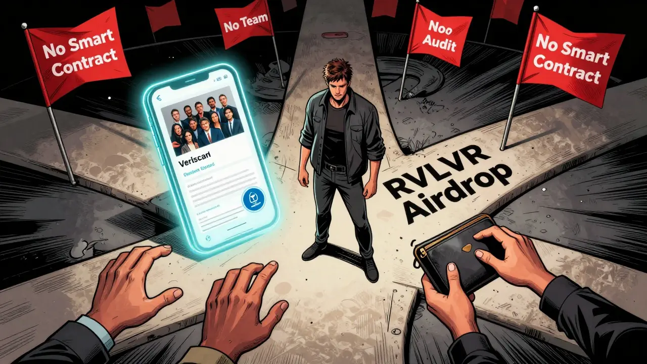 A person choosing between a verified crypto path and a trapdoor labeled RVLVR.