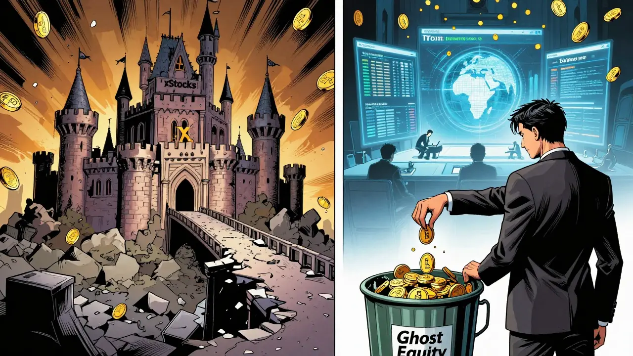 A person discards PEPX tokens into a trash bin as a legitimate broker platform shines brightly behind them.