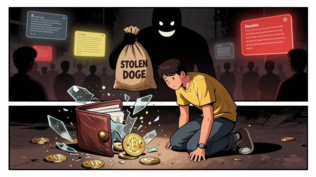 A person kneels amid broken crypto coins as a shadowy scammer looms behind them holding stolen funds.