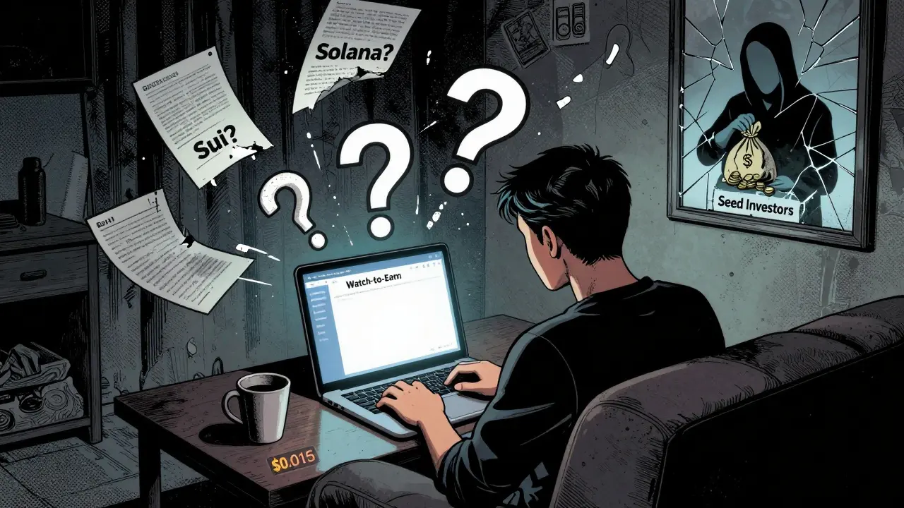 A person staring at a blank watch-to-earn screen, surrounded by floating questions and conflicting blockchain labels.