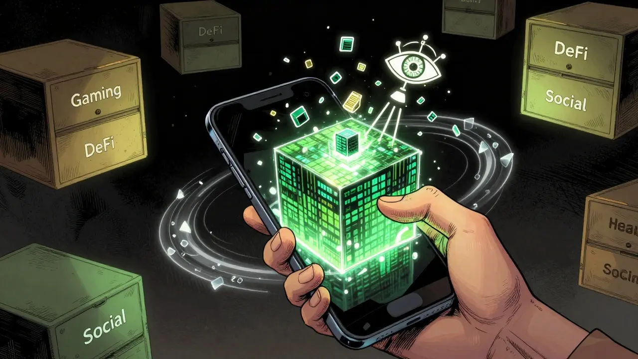 A smartphone scanning random data shards from a blockchain block, with labeled Namespace drawers floating around it.