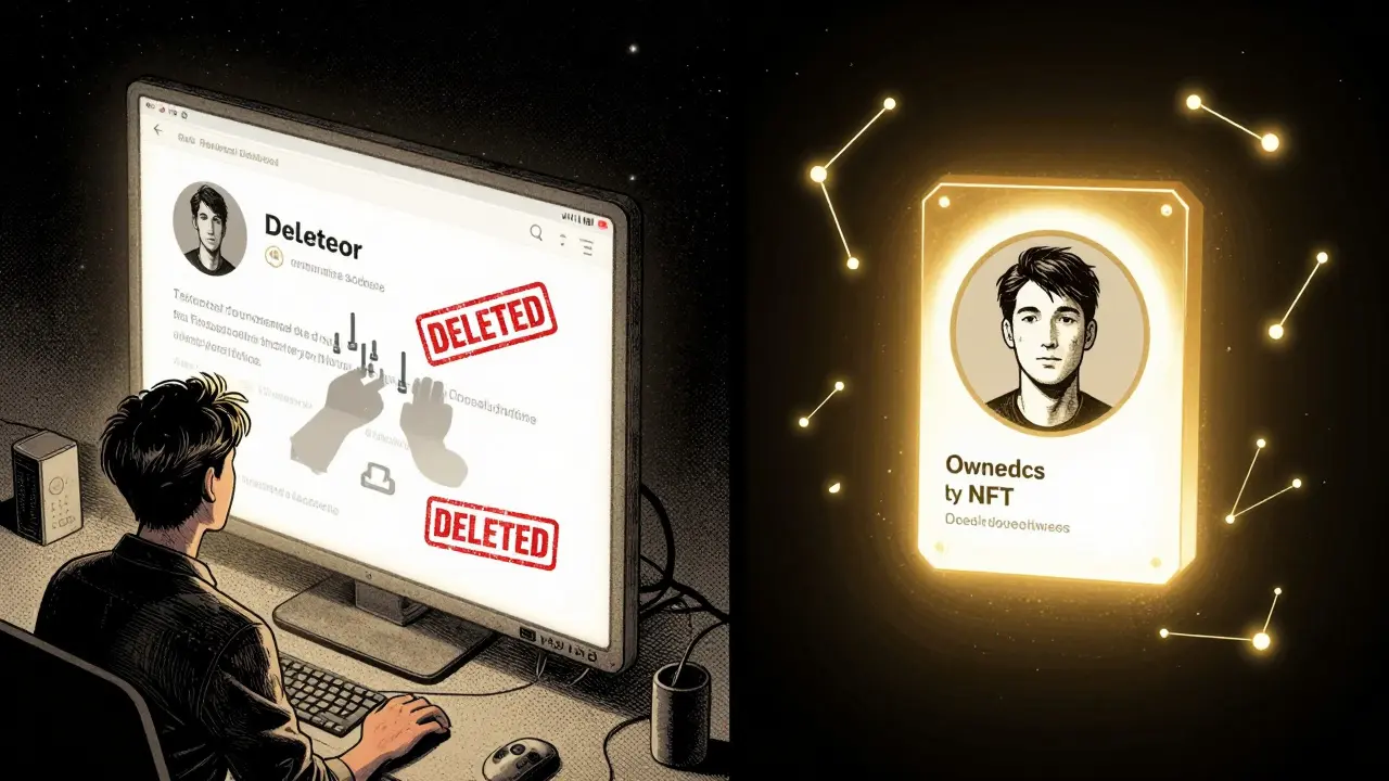 A social media profile split between deletion by algorithms and ownership as a glowing NFT.