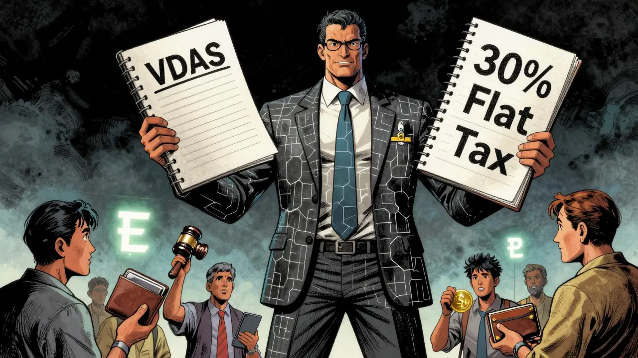 A tax officer made of blockchain patterns towers over small crypto traders.