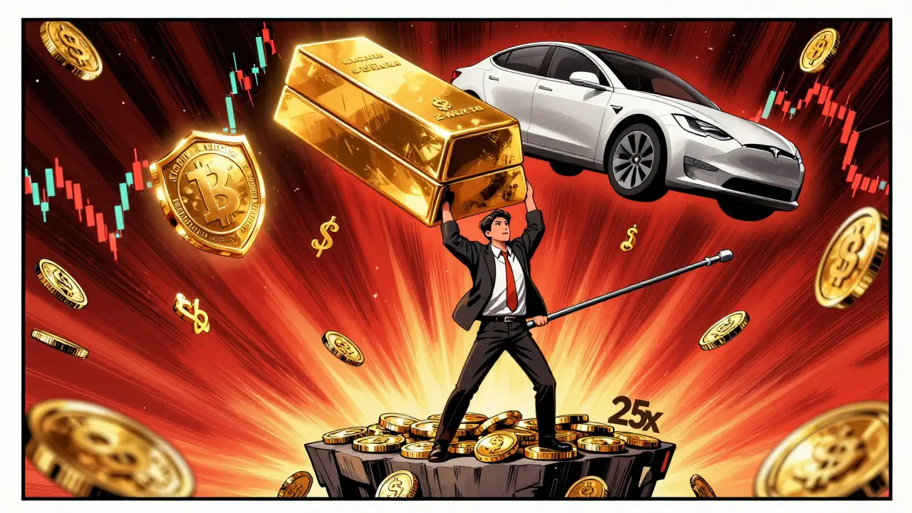 A trader using a 25x lever to lift gold and Tesla stock, with market chaos swirling behind, protected by a glowing KWENTA token.