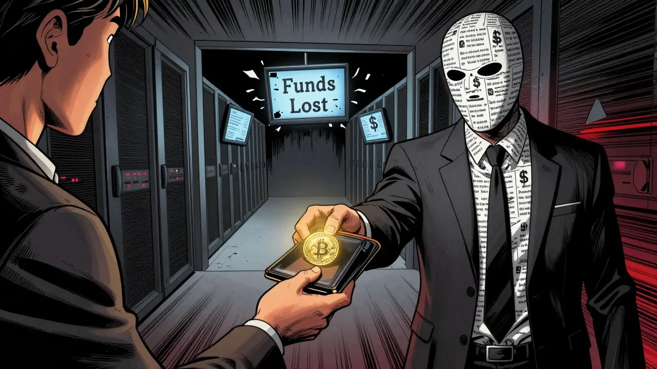 A victim hands crypto to a masked scammer as funds vanish into a dark portal behind them.
