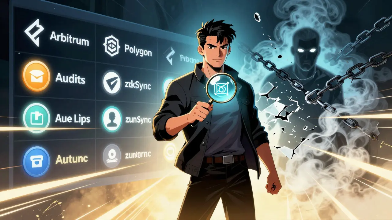 A vigilant user stands before verified crypto projects, while the SSF scam dissolves into smoke behind them.