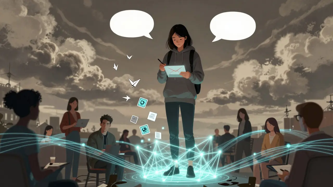 A woman signs into a publishing platform as blockchain fibers connect users worldwide.