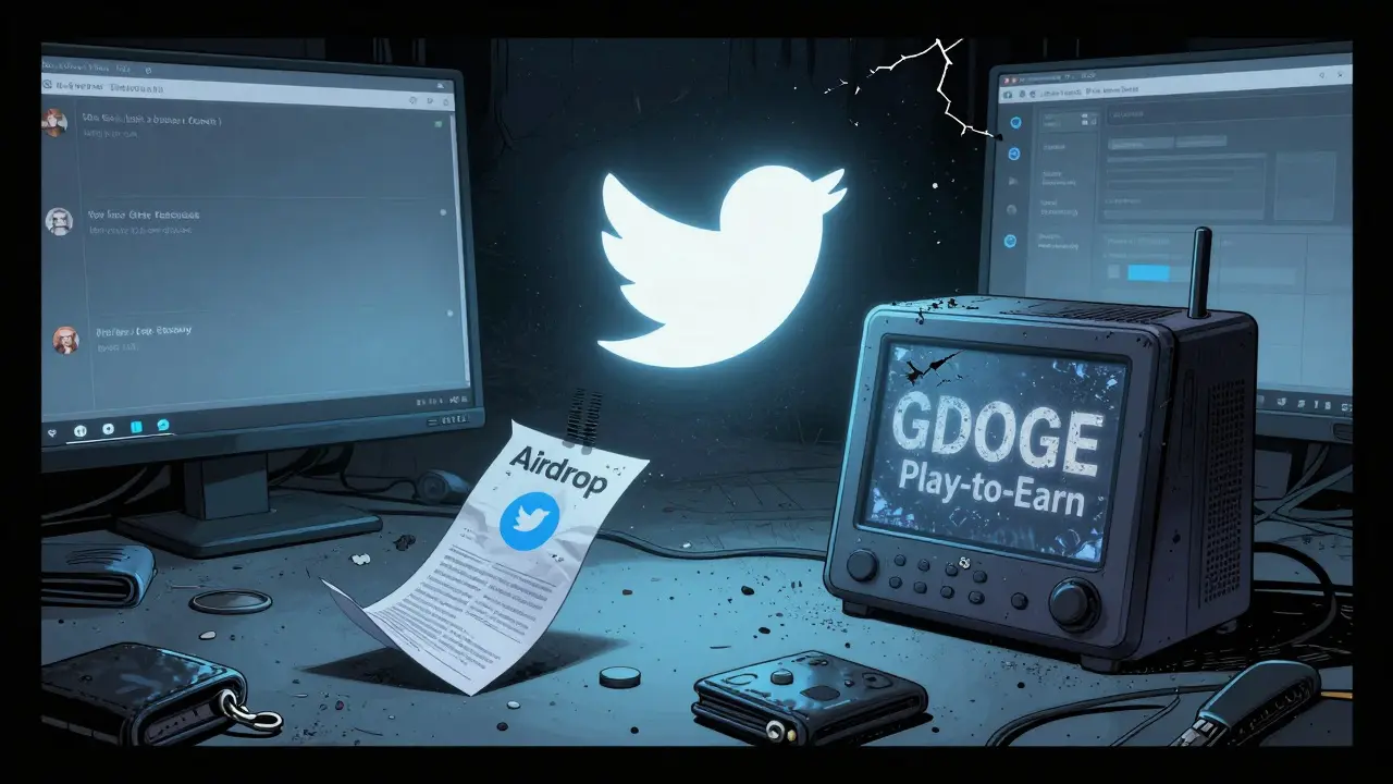Abandoned crypto hub with dead screens, dusty Twitter logo, and a lone airdrop flyer blowing away.