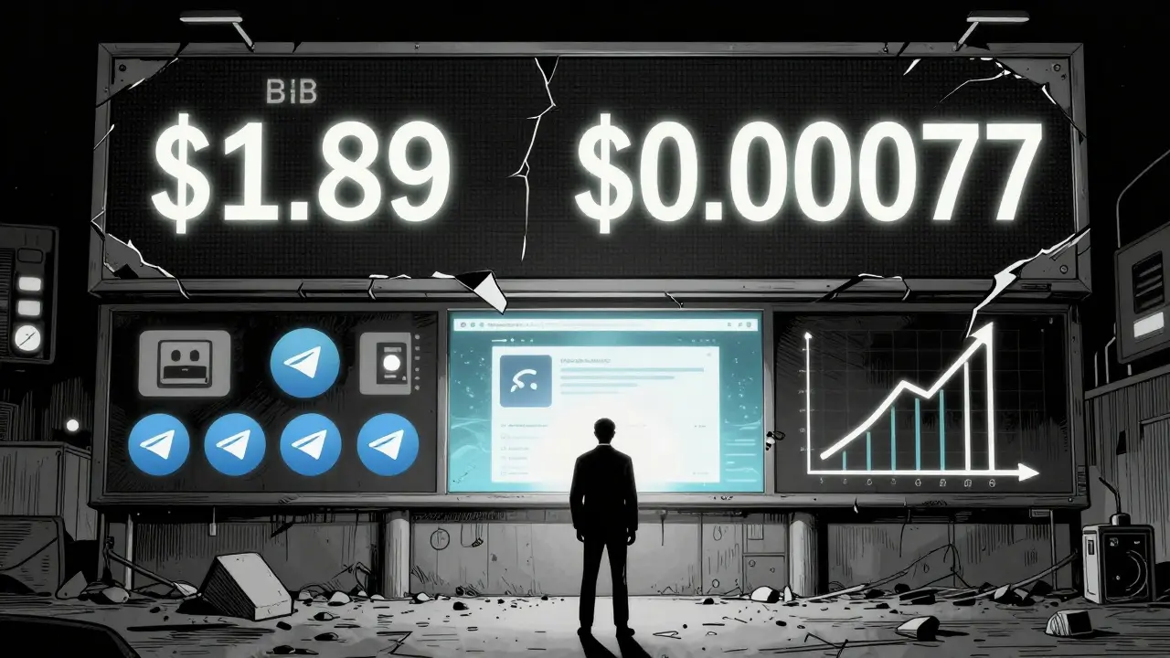 An investor faces conflicting BIB price data as a dead blockchain ecosystem collapses behind them.