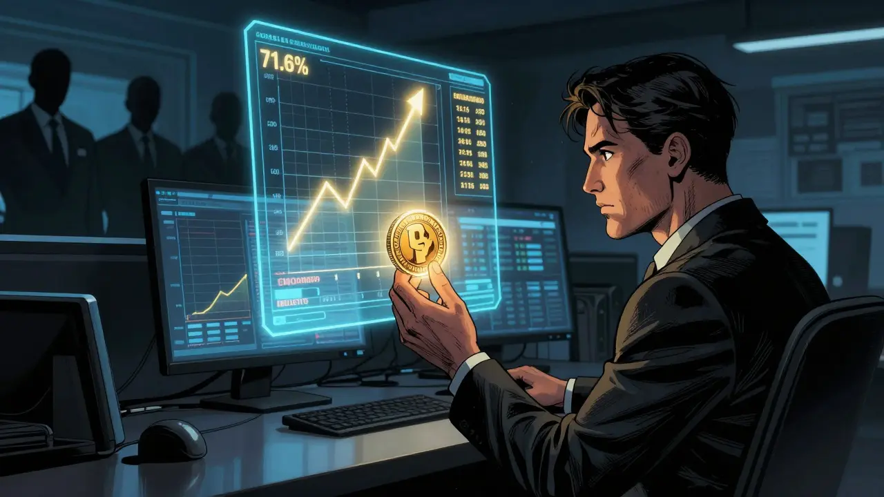 An investor holds a glowing Monero coin as holographic price charts rise around them, regulators watching in shadows.