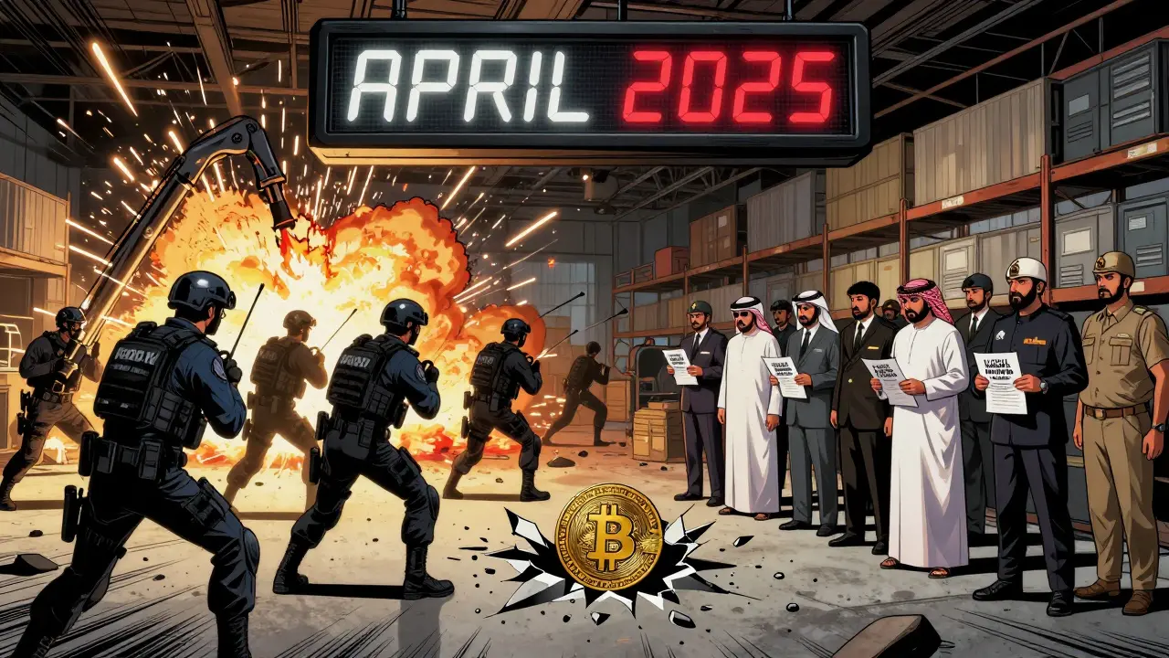 Authorities storm a warehouse filled with crypto mining equipment during a nationwide crackdown.