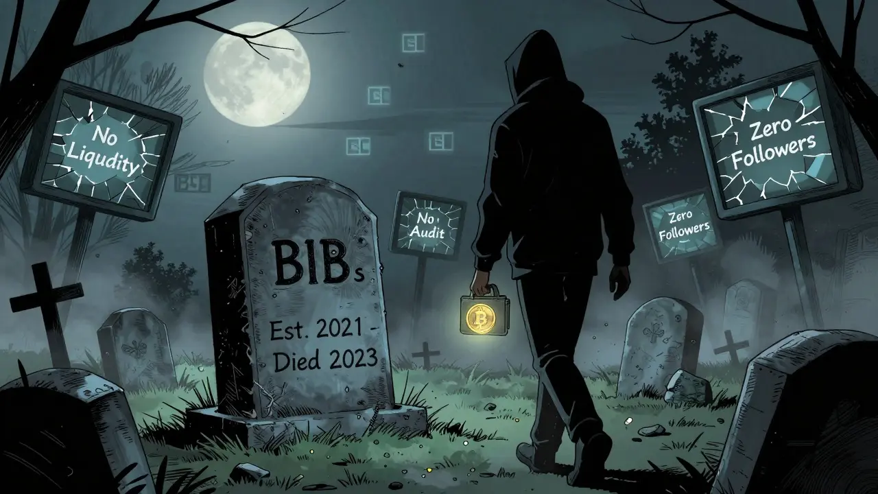 BIB’s tombstone in a crypto graveyard surrounded by warning signs, a figure walking away with the token.