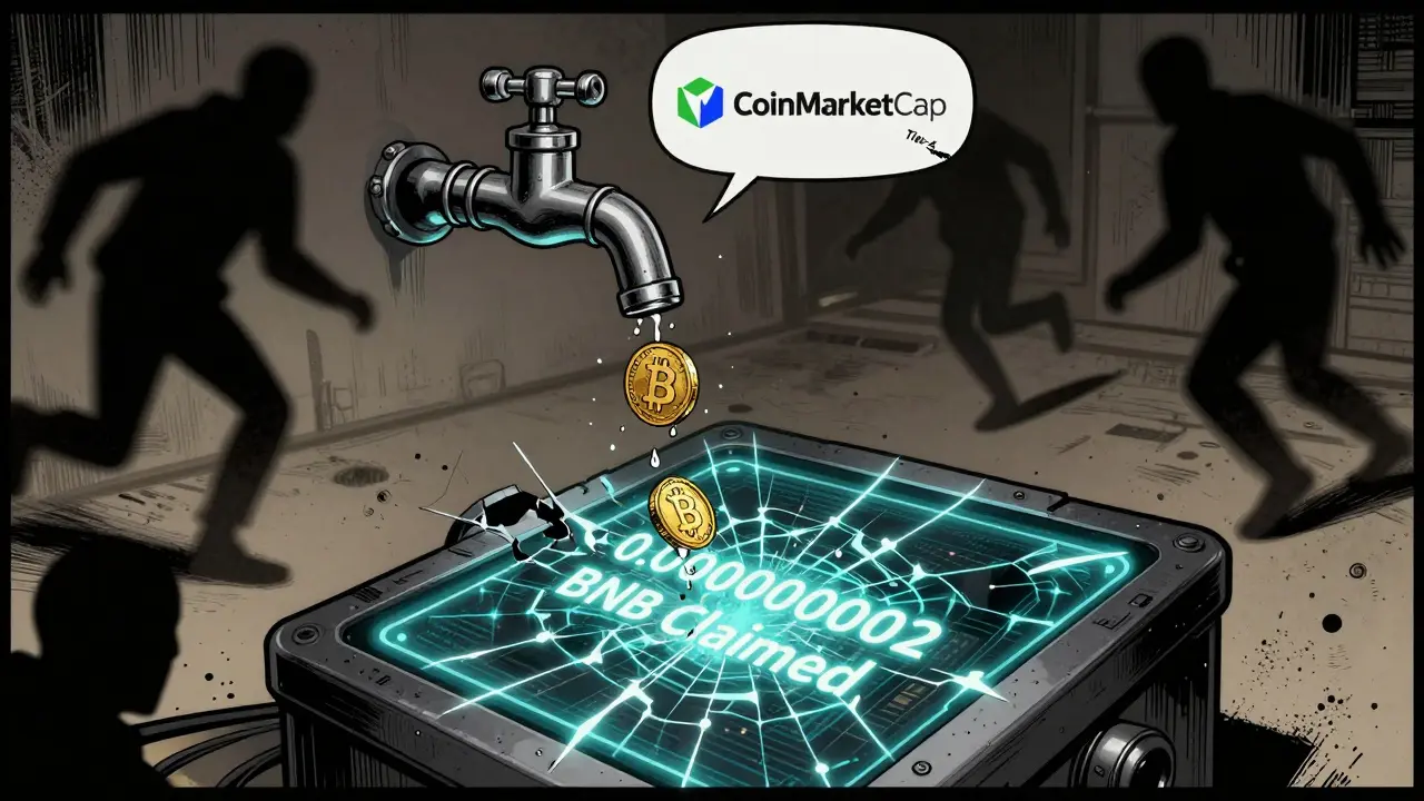 Broken smart contract screen dripping empty BNB coins into a hollow vault, shadowy figures fleeing.