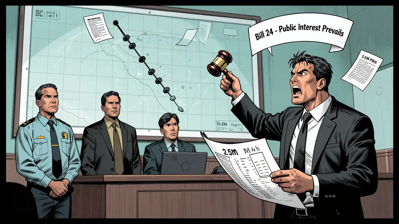 Courtroom scene with BC Hydro officials and a miner facing a judge, legal documents floating with 'Bill 24'.