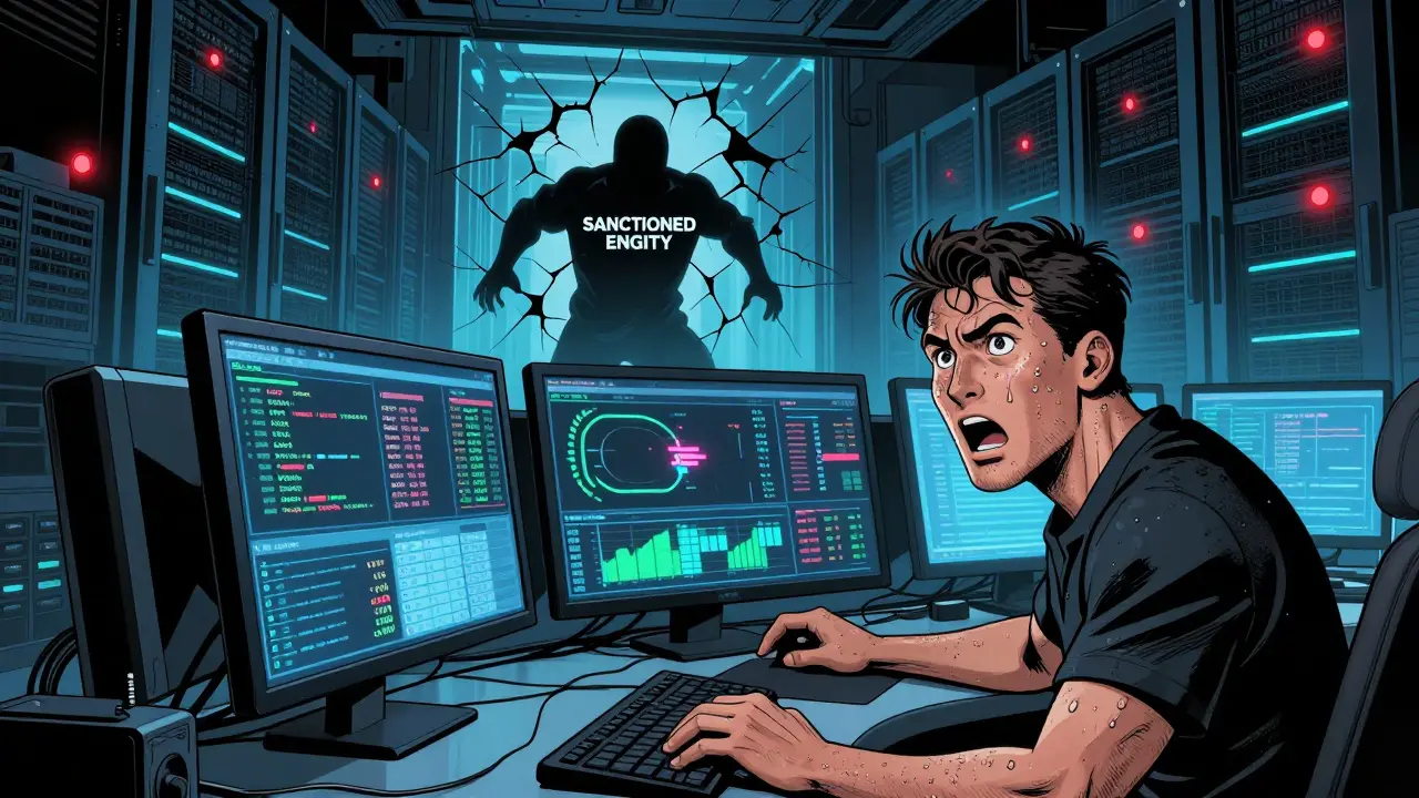 Crypto CEO monitoring compliance dashboards as sanctioned entity tries to bypass security.