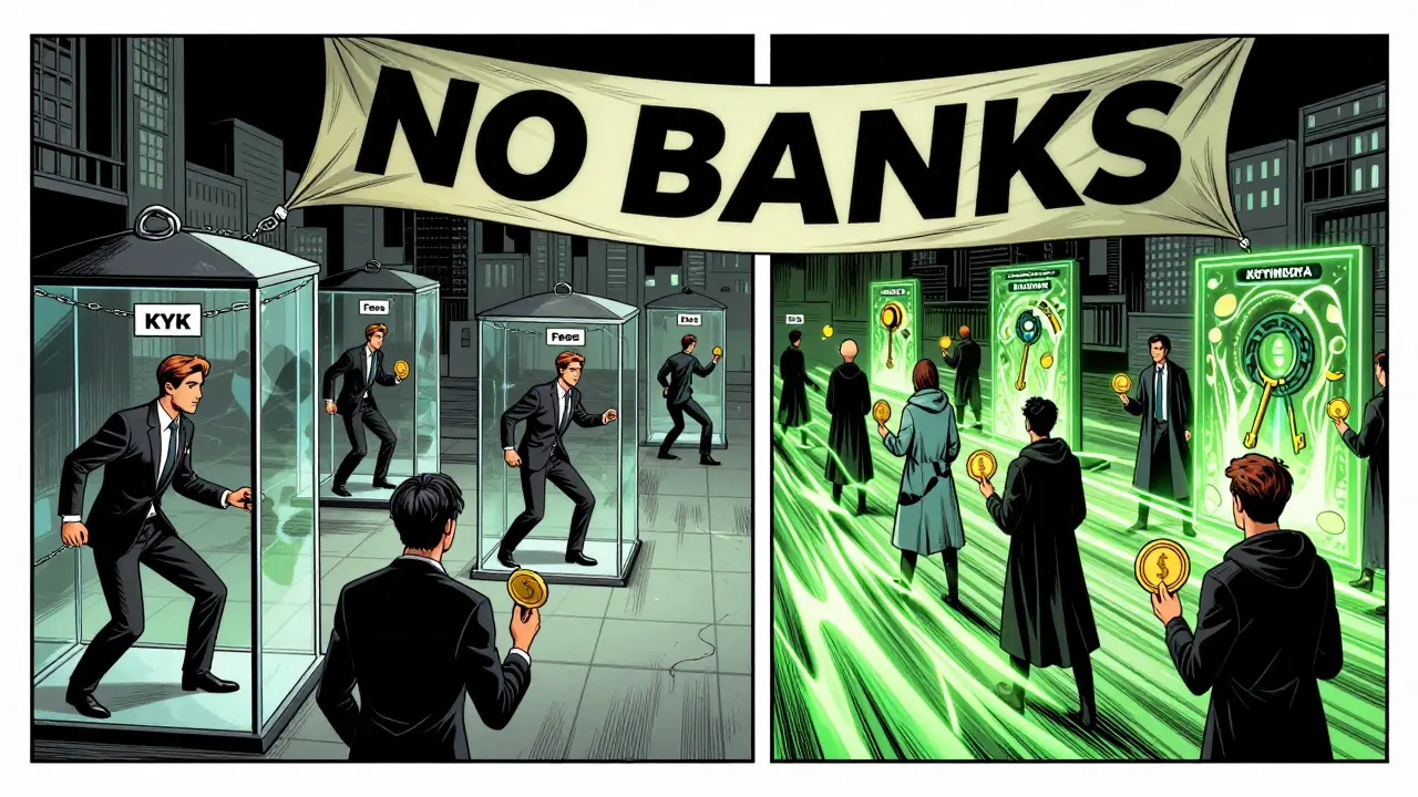 Decentralized traders unlocking synthetic assets through portals while traditional brokers are trapped, with Optimism's green energy flowing across the scene.