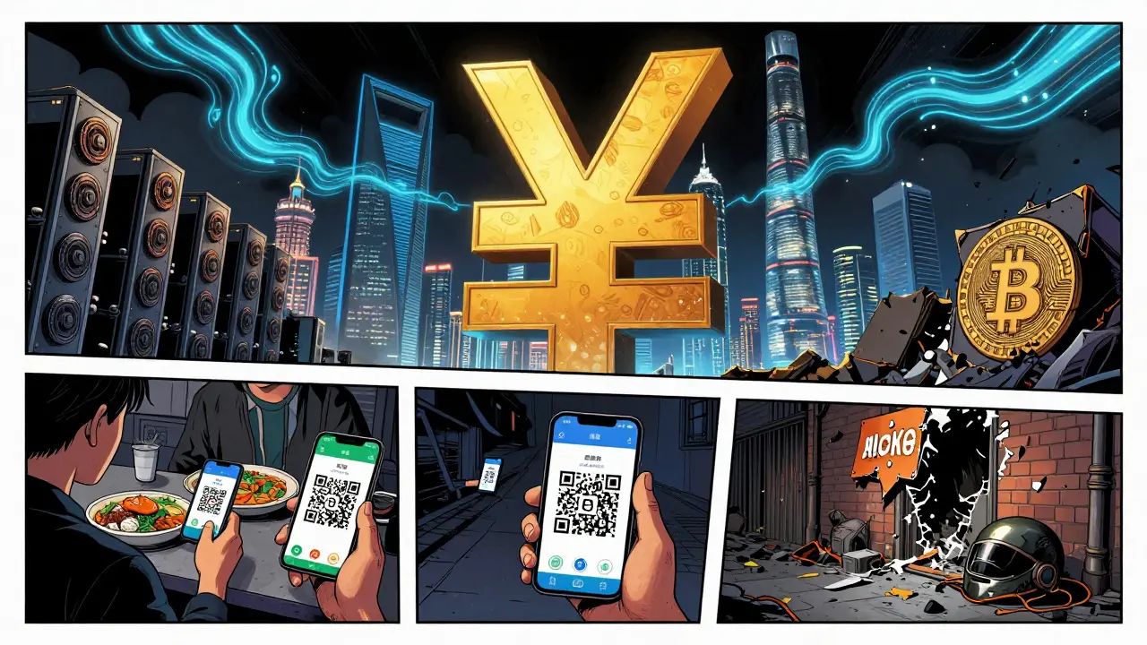 Digital yuan logo towers over Shanghai while shattered crypto mining gear lies in the alley below.