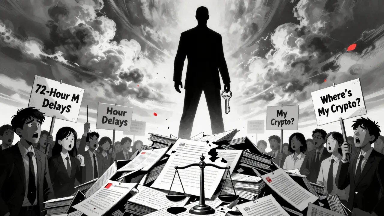 Faceless entity holding TruBit Pro key above piled withdrawal requests and frustrated users.