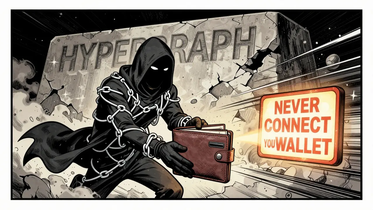 Faceless scammer draining a wallet, behind them a monument labeled 'HYPERGRAPH' crumbling into dust.