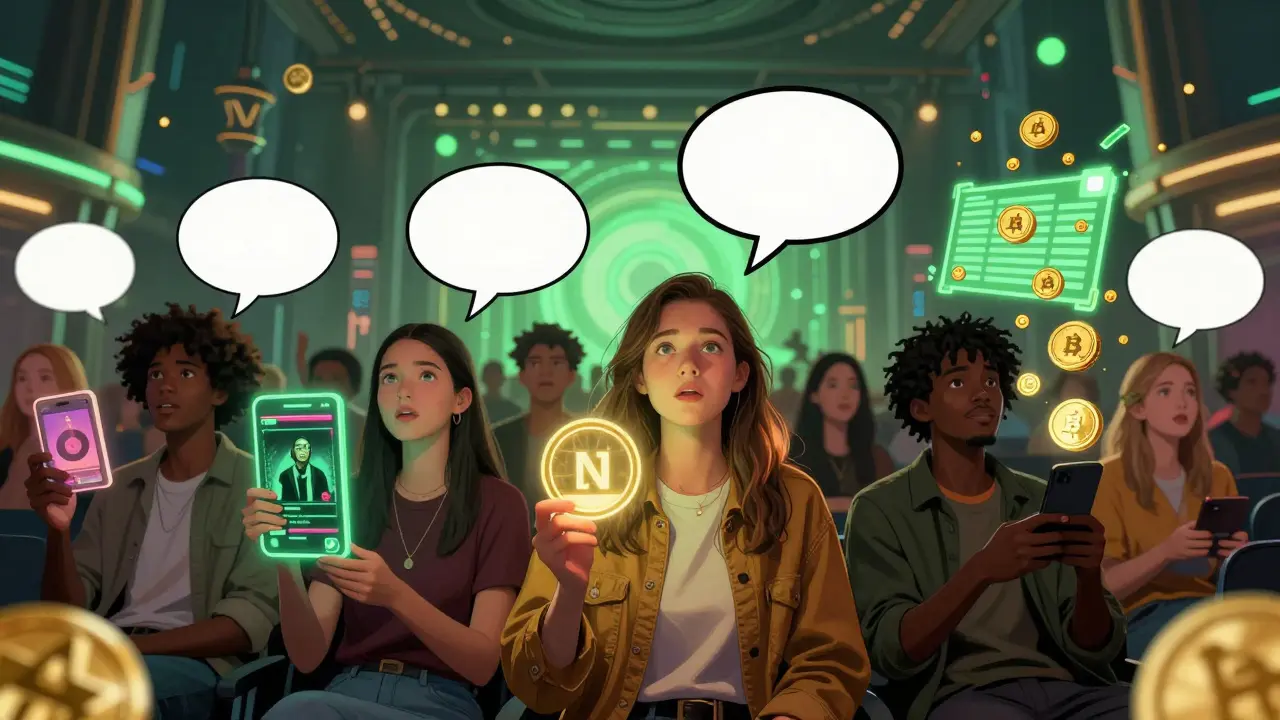 Fans in a virtual concert hall experience personalized music NFT perks like remixes and royalty payouts.