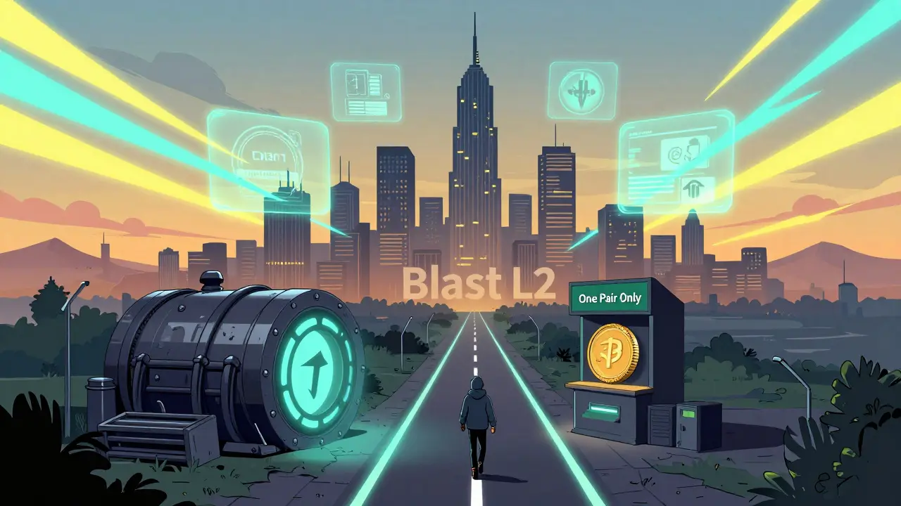 Futuristic Blast city with one glowing path leading to a lone Uniswap v2 kiosk.