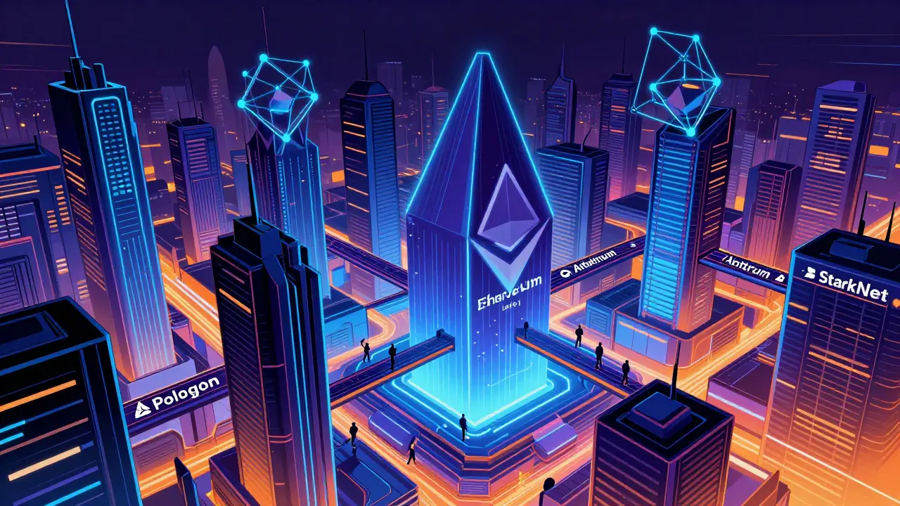 Futuristic city with blockchain-shaped skyscrapers connected by Layer 2 bridges under Ethereum tower.