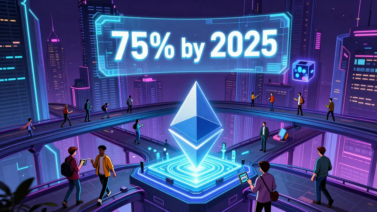 Futuristic city with Layer 2 bridges above Ethereum foundation, users trading NFTs with zero fees under a '75% by 2025' hologram.