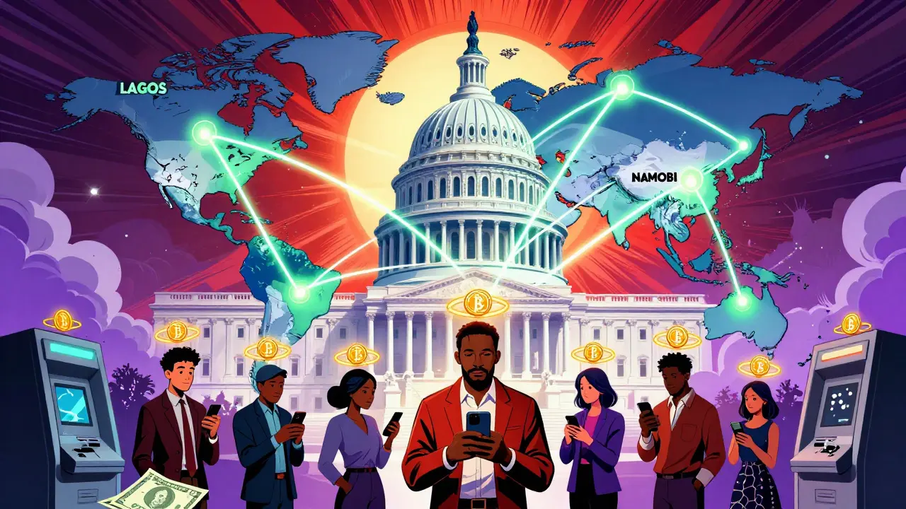 Global crypto adoption map connects cities to U.S. Capitol, people holding wallets above fallen banks, GENIUS Act debate in background.