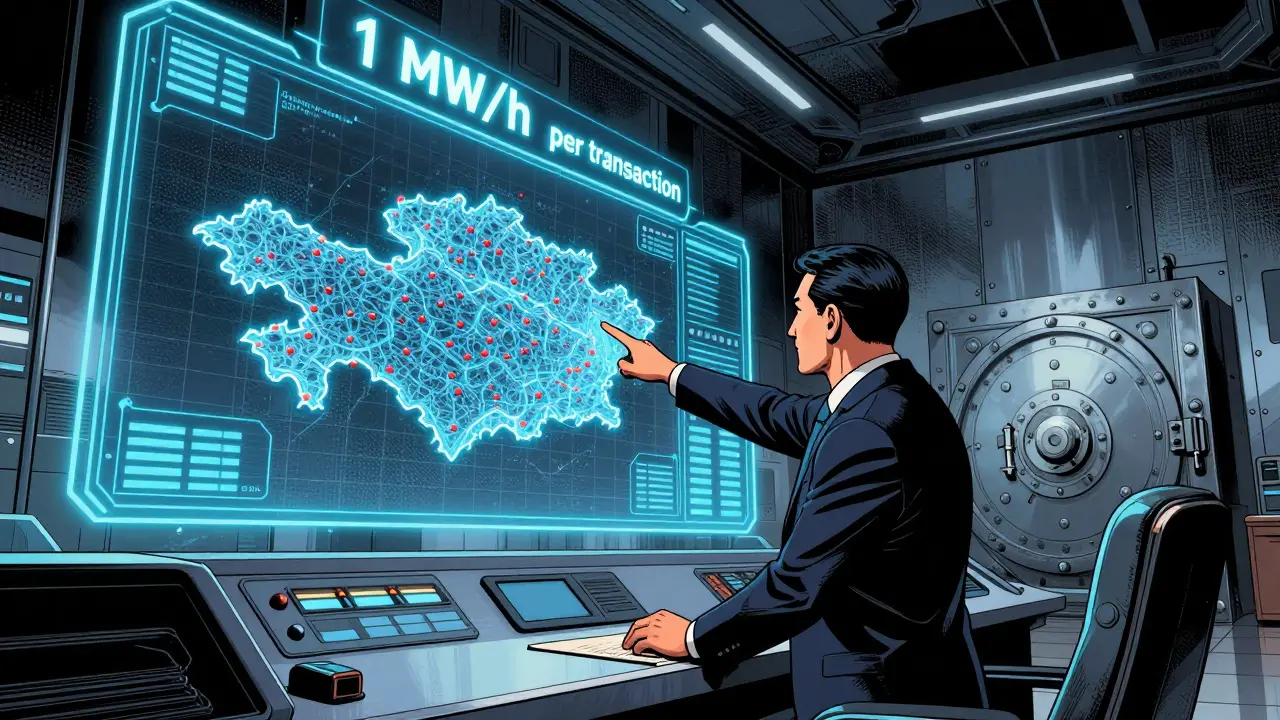 Government official monitors a holographic map of 415,000 registered mining rigs with a '1 MW/h' transaction limit.