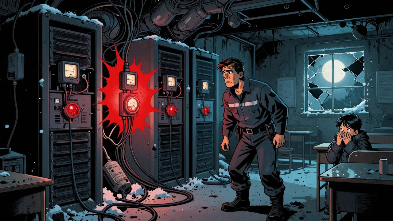 Hidden mining rigs steal power from a frozen hospital as a child shivers in a dark classroom.