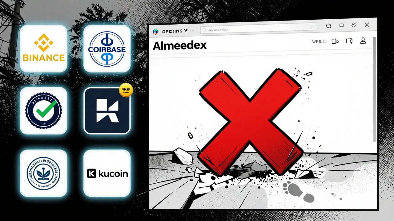 Legitimate exchanges glow with verification badges while Almeedex crumbles into digital dust.