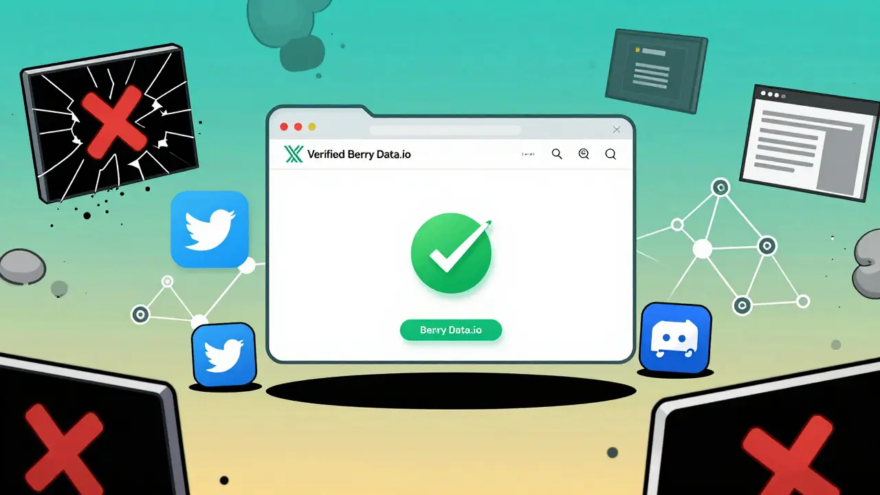Official Berry Data website with verified icons, while scam sites crumble in the background, graphic novel style.