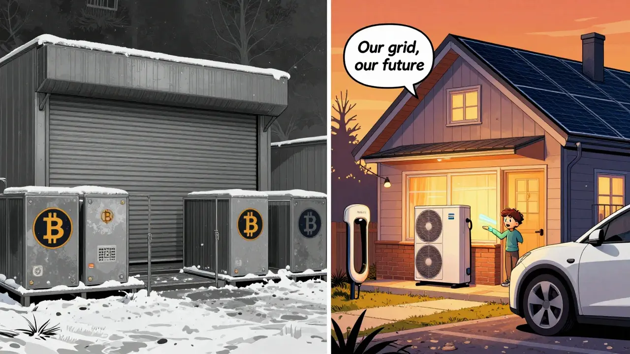Shuttered crypto mine vs. modern home with clean energy tech, symbolizing BC's energy priorities.