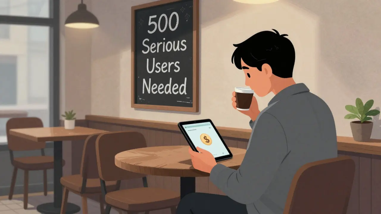 Someone in a quiet café checking a wallet with a $HERO token, symbolizing a small, patient crypto project.