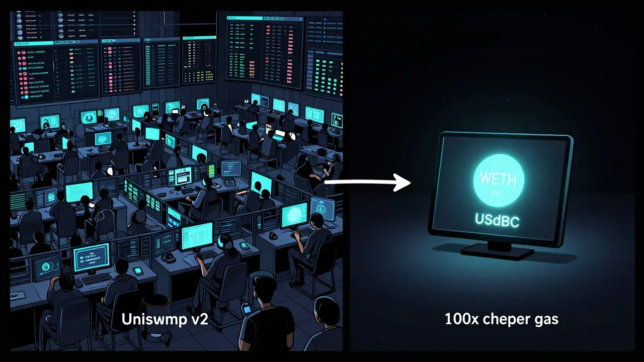 Split comic panel: chaotic busy DeFi trading vs. quiet single-pair swap on Blast.