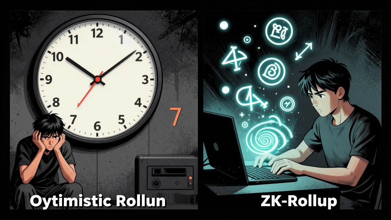 Split panel showing 7-day withdrawal delay vs instant ZK-Rollup transaction with glowing math symbols.