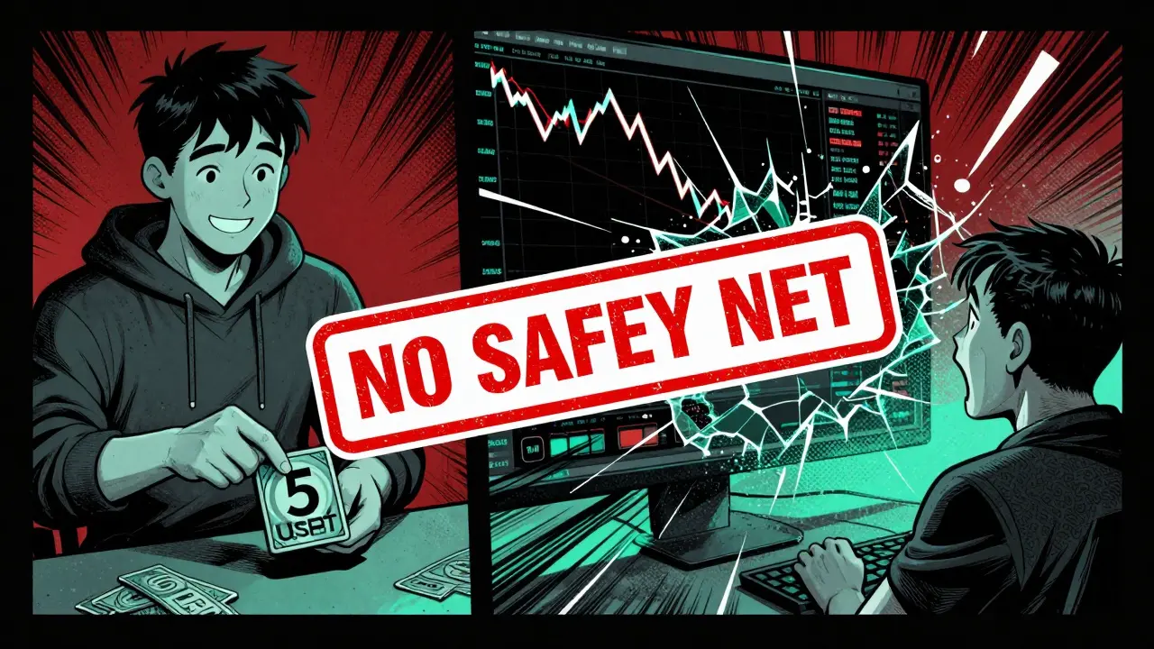 Split scene: beginner depositing crypto vs. trader facing massive loss with no safety net.