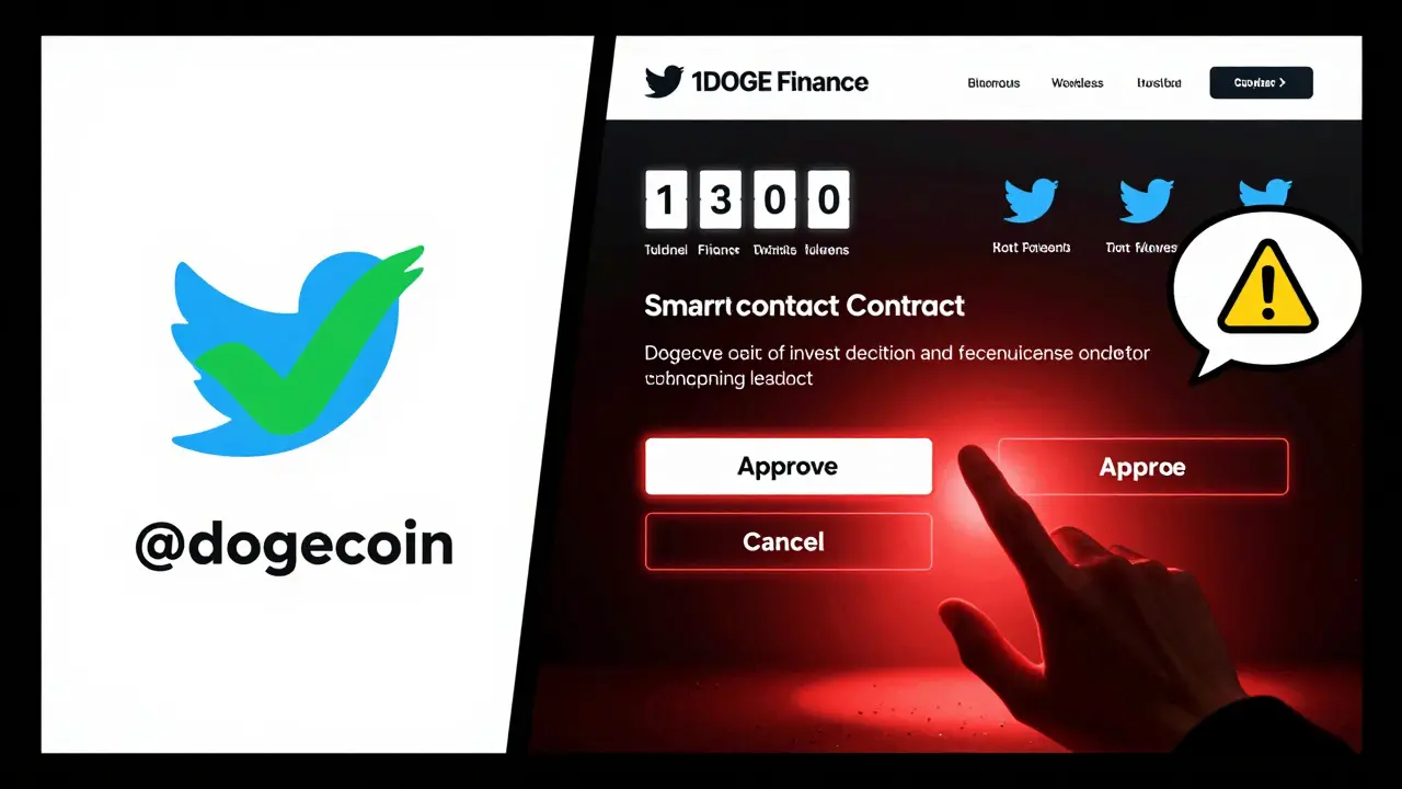 Split scene: real Dogecoin site vs fake 1DOGE Finance site with warning signs and a hesitant hand.